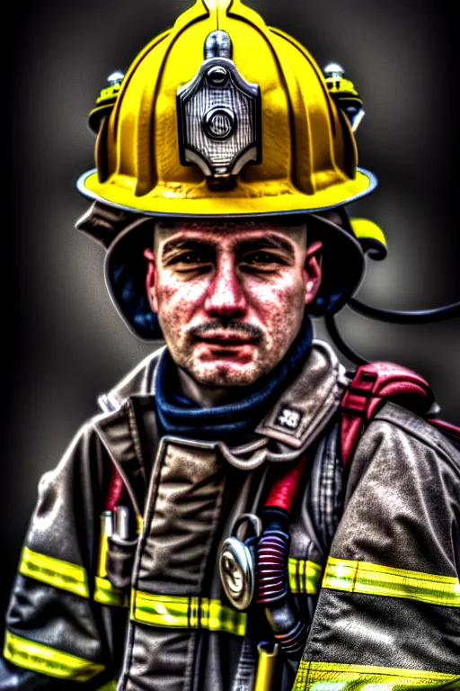 Image similar to firefighter, man, highly detailed, 4 k, hdr, smooth, sharp focus, high resolution, artgerm, photorealistic