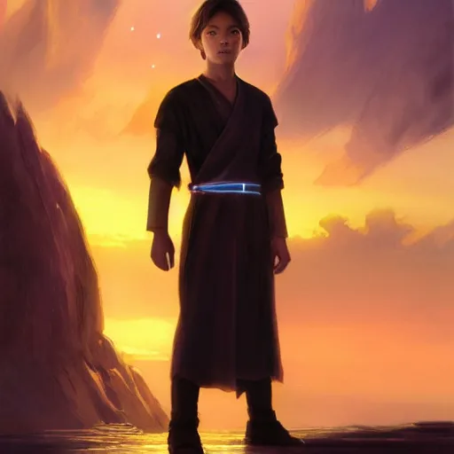 Image similar to a young male jedi with short dark blonde hair standing still looking at the sunset concept art by Doug Chiang cinematic, realistic painting, high definition, concept art, portait image, path tracing, serene landscape, high quality, highly detailed, 8K, soft colors, warm colors, turbulent sea, high coherence, anatomically correct, hyperrealistic, concept art, defined face, five fingers, symmetrical