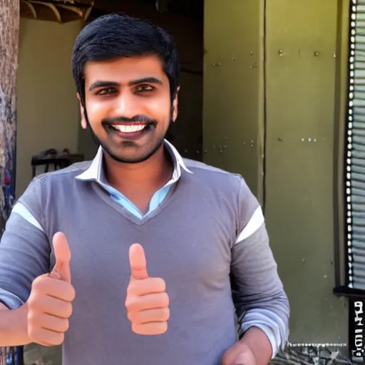 Image similar to a photo taken with an android camera of an indian guy with an awkward smile giving a thumbs up