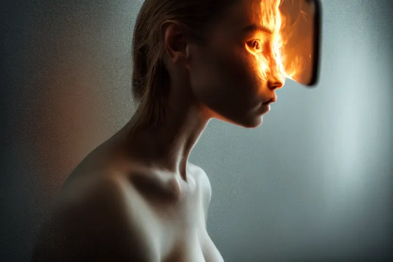 Prompt: an ultra realistic, cinematic, fantasy, portrait, of a woman, face in mirror, fire, dramatic, soft light, dreamy, facial features, stood in a cell, with prison clothing, detailed, deep focus, movie still, dramatic lighting, ray tracing, by michal karcz and yoshitaka
