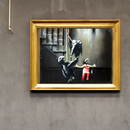 Prompt: A photograph of a Banksy painting