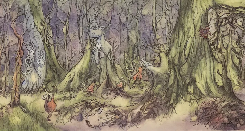 Image similar to Enchanted and magic forest, by Raymond Briggs
