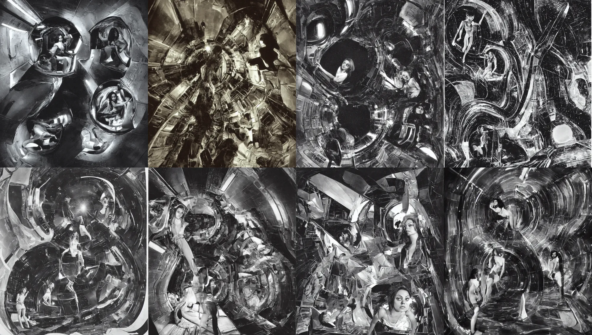 Image similar to portrait of Mila Kunis sbeaking around the inside of a claustrophobic dark space ship, 1970, Ludek Pesek, Rick Guidice, Chesley Bonestell, Lucien Rudaux, Rolf Klep, Fred Freeman, George Pal