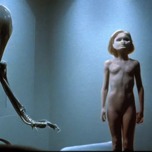 Image similar to movie still of the alien girl, cinematic composition, cinematic light, by david lynch and guillermo del toro