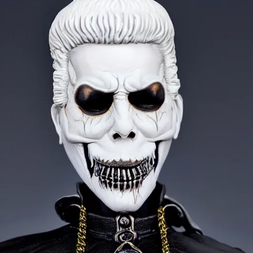 Image similar to very photorealistic photo of a very detailed resin statue of papa emeritus from ghost on a white background, award - winning details