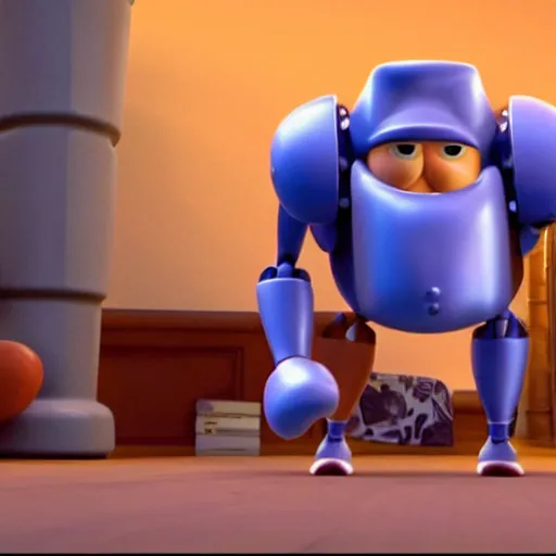 Image similar to still frame from a pixar film. in the scene, a tired man stands in a defensive boxing pose, he is fighting against a giant, 6-foot tall robot that is shaped like an alarm clock. epic. cinematic. atmospheric.