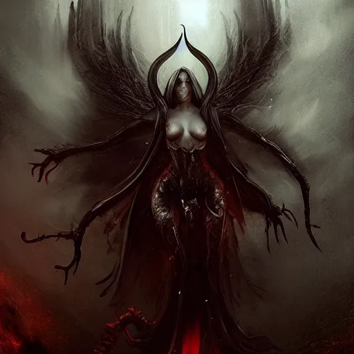 Prompt: 3 d rendered digital art by bastien lecouffe deharme of a eldritch wraith, black spidery mist, billowing shadows and black feathers, black halo nimbus, devils horns, dante's inferno, 8 k dop dof