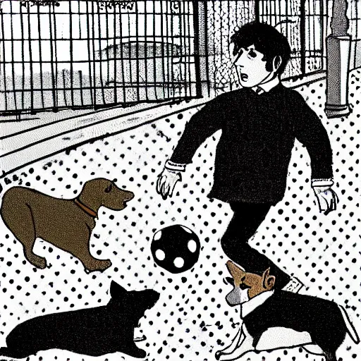 Image similar to illustration of french boy on the streets of paris playing football against a corgi, the dog is wearing a polka dot scarf, comic, 1 9 7 2