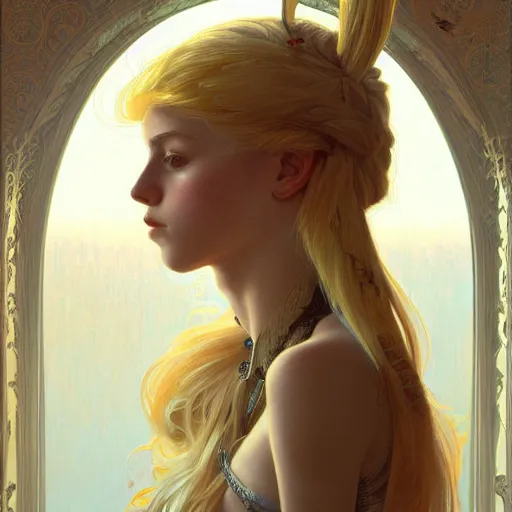 Image similar to portrait of a young blonde alternative girl with a parrot, upper body, long hair, intricate, elegant, highly detailed, digital painting, artstation, concept art, matte, sharp focus, illustration, art by artgerm and greg rutkowski and alphonse mucha