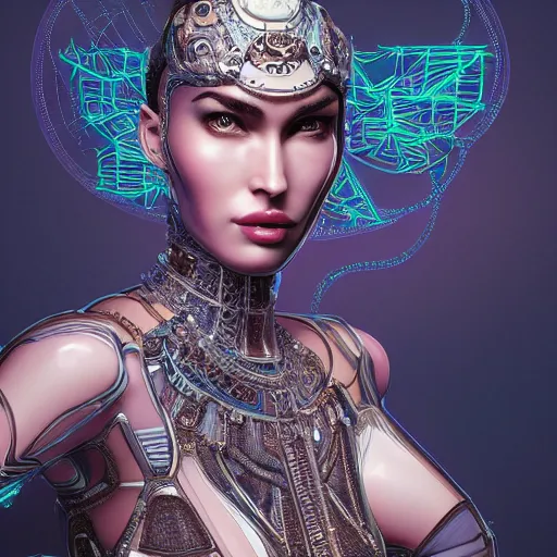 Image similar to the portrait of an elegant, sophisticated, fashionable ottomanpunk robotess idol, an ultrafine illustration of young half asian megan fox mix by kim jisu, intricate linework, neon wiring, fashion, porcelain skin, unreal engine 5 highly rendered, global illumination, radiant light, detailed and intricate environment, by rutkowski, artgerm, marvel comics