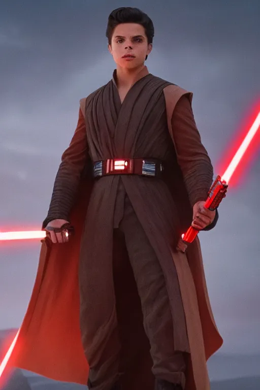 Image similar to jake t. austin as a sith in star wars the rise of skywalker, 3 5 mm photography, highly detailed, cinematic lighting, standing pose, holding lightsaber 4 k