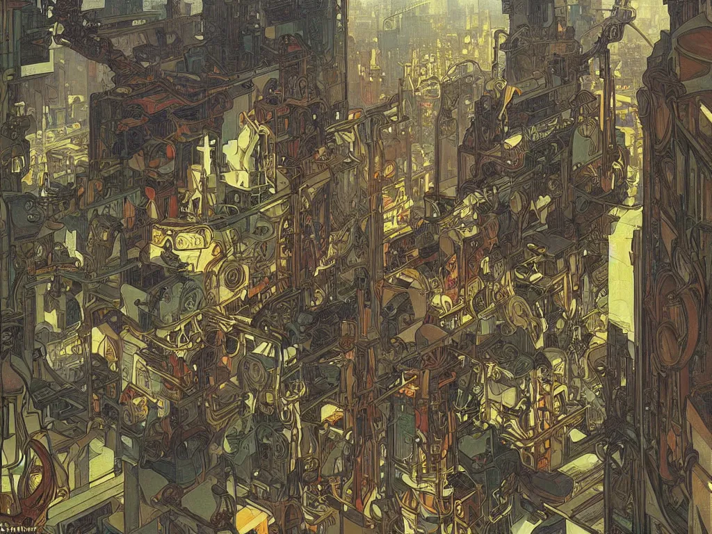 Image similar to industrial neighborhood in a cyberpunk city, by alphonse mucha, dynamic composition, dramatic lighting, hyper - realistic, ultra detailed