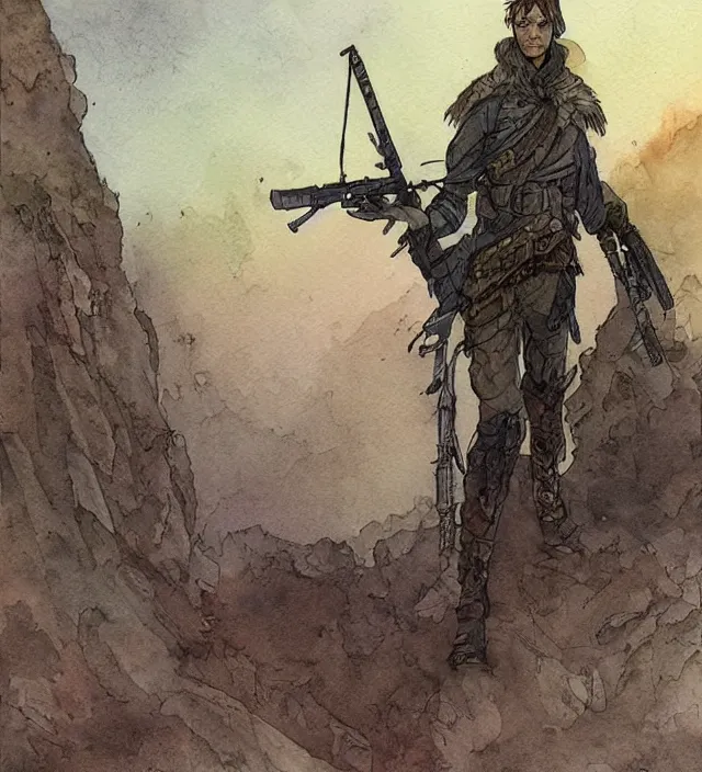 Prompt: a watercolor ink painting of an post - apocalyptic elven sniper in the style of jean giraud in the style of moebius trending on artstation deviantart pinterest detailed realistic hd 8 k high resolution