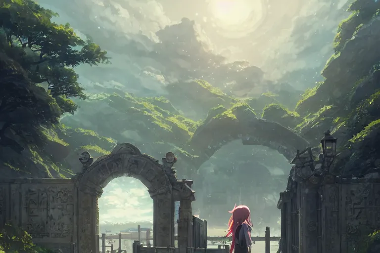 Image similar to ultra realistic, huge gate, colors, 8 k, hd, details, fantasy, epic, ancient city, landscape illustration concept art anime key visual trending pixiv fanbox by wlop and greg rutkowski and makoto shinkai and studio ghibli and kyoto animation symmetrical facial features