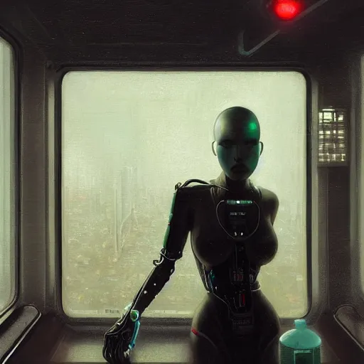 Prompt: detailed portrait of a cybernetic woman android, moment, cyberpunk elevated train, electronic billboards, tech noir, wet reflections, atmospheric, ambient, livia prima, greg rutkowski, edward hopper, pj crook