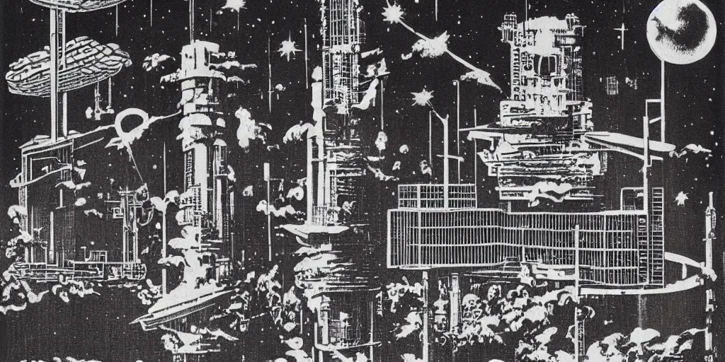 Prompt: huge brutalistic soviet space station by le corbusier, by joe penton, virgil finlay