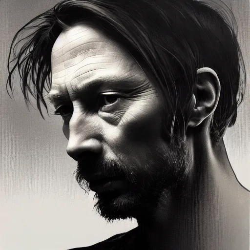 Prompt: hyper realistic, variations portrait of smooth very old thom yorke hairless, strong variations, singer songwriter, ( side ) profile, liminal space, by lee bermejo, alphonse mucha and greg rutkowski, greybeard, smooth face