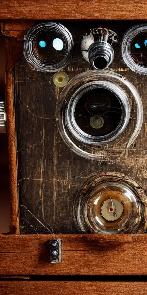 Image similar to A photo of a very old opened camera with vacuum tubes, film, capacitors and coils inside, on an old wooden table by Annie Lebovitz, Laura Letinsky and Steve McCurry, grungy, weathered Ultra detailed, hyper realistic, 4k