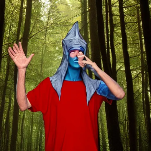 Image similar to uhd candid photo of cosmic beavis as cornholio in the forest, uhd, photorealistic, correct face, photo by annie leibowitz