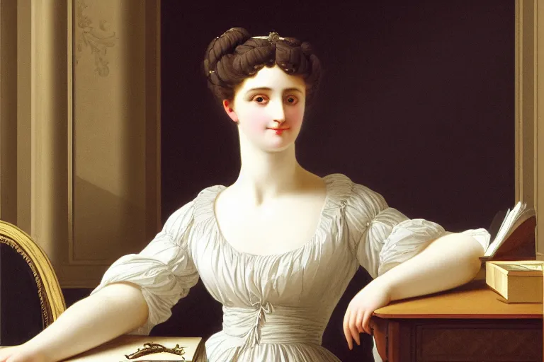 Image similar to georgian dress, directoire style, regency, empire silhouette, lady writing at her desk by vittorio reggianini, bright lighting, perfectly detailed eyes, beautiful hands, pale skin, clear face