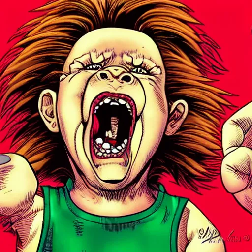 Image similar to a portrait of young chucky doll screaming by arthur adams