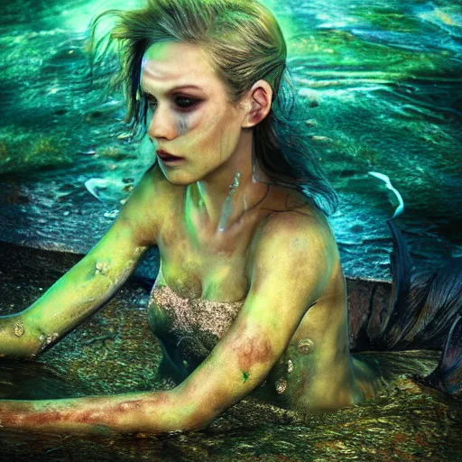 Prompt: a sad mermaid covered in toxic glowing sludge, wildlife photography, ultra realistic, intricate details, highly detailed, photorealistic, 8 k