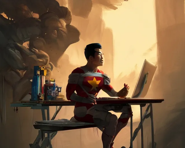 Image similar to an insanely detailed painting of an asian man wearing a homemade superhero costume, sitting at a desk, staring at the nervously at the computer and typing, in the style of peter mohrbacher, dramatic lighting and composition, surreal background, octane render, pixar, trending on artstation, concept art, comic book, view from behind