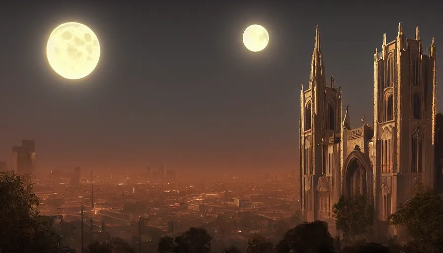 Image similar to Digital painting of Neo-Gothic Los Angeles at night with a big moon, wide angle, volumetric light, hyperdetailed, artstation, cgsociety, 8k