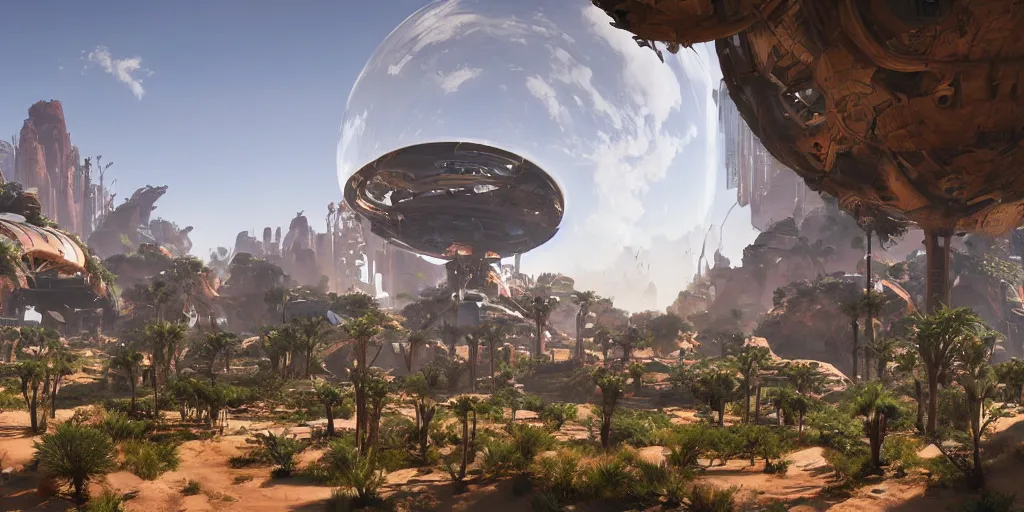 Prompt: arcology oasis in transparent dome in desert. unreal engine, octane, raytrace, wires, tubes. horizon zero dawn, hawken