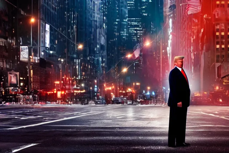 Image similar to amazing cinematic movie still of donald trump in manhattan at night, volumetric lighting, award - winning, perfection, ambitious, ambient occlusion, hyper - realism, 4 k hd, 8 5 mm, bokeh, close - up, grainy