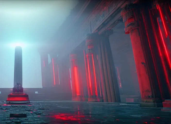 Image similar to ancient temple of worship with red shafts of light in destiny 2, foggy, liminal, dark, dystopian, beautiful architecture, abandoned, highly detailed 4 k 6 0 fps in - game destiny 2 gameplay screenshot leak