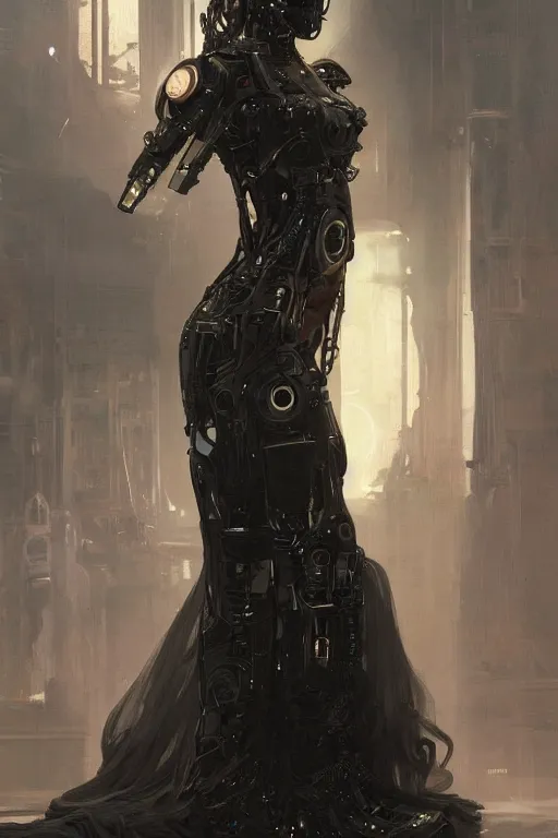 Image similar to laying beautiful painting of a crowned robotic cyberpunk princess in a gothic dark flowing gown laying, intricate, elegant, highly detailed, digital painting, artstation, concept art, by krenz cushart and artem demura and william adolph bouguereau