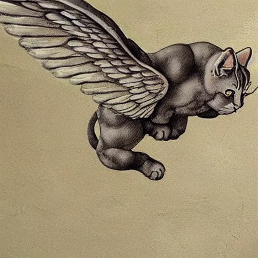 Image similar to a very detailed, painting of a cat with wings flying though the sky in michelangelo style of painting