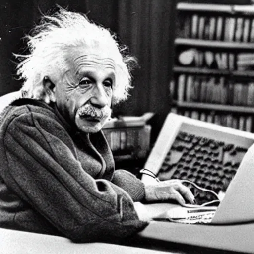 Image similar to vintage photo of einstein wearing headphones shouting at a macbook pro