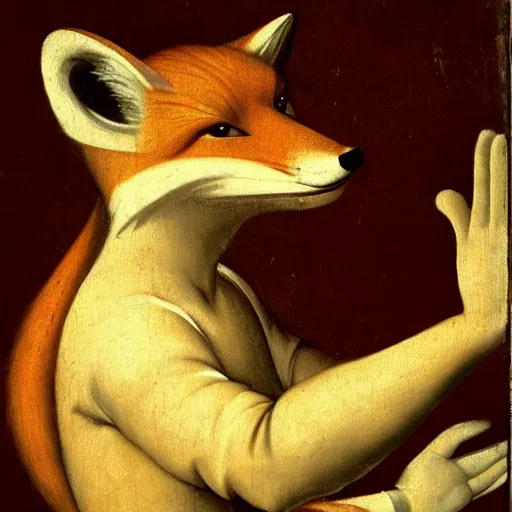 Image similar to renaissance painting of an anthropomorphic fox in a decorated uniform, wearing white gloves