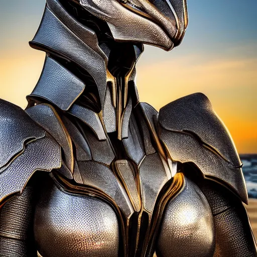Image similar to epic close up shot, realistic detailed stunning beautiful anthropomorphic robot mechanical female dragon, doing an elegant pose with hand on hip, looking to the side, sleek streamlined armor and design, sharp claws, sleek well designed head with LED eyes, standing on two legs, wearing a hooded cloak that blows in the wind from behind her, on the beach during sunset, high quality, cinematic art, sunset lighting, artstation, deviantart, furaffinity