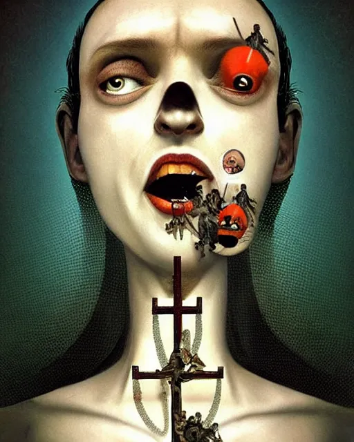 Prompt: crucifix theme surrealist art in the styles of igor morski, jim warren, and a tim burton film, intricate, hyperrealistic, accurate facial details, profile picture with chromakey!!!!! background, volumetric lighting