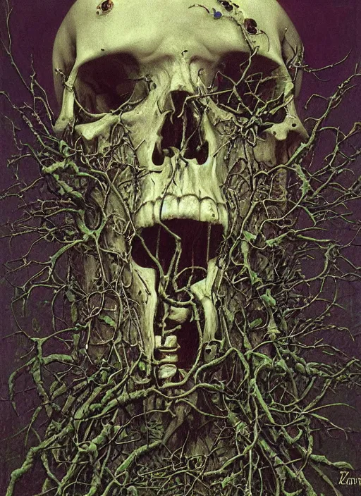 Prompt: cyberpunk skull, ivy, death, intricate detail by zdislaw beksinski