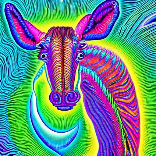 Prompt: a mule in the style of alex grey, highly detailed, psychedelic, colorful, 8 k