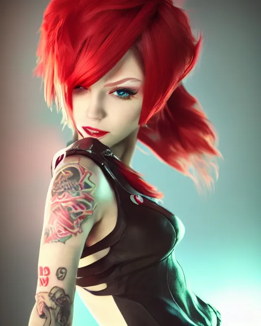 Image similar to a girl with short red hair, cool, vi from arcane, league of legends, fighter, cool red jacket, tattoo, beautiful, 3 d, potrait, art staion, studio light, closeup shot, octane render, wlop