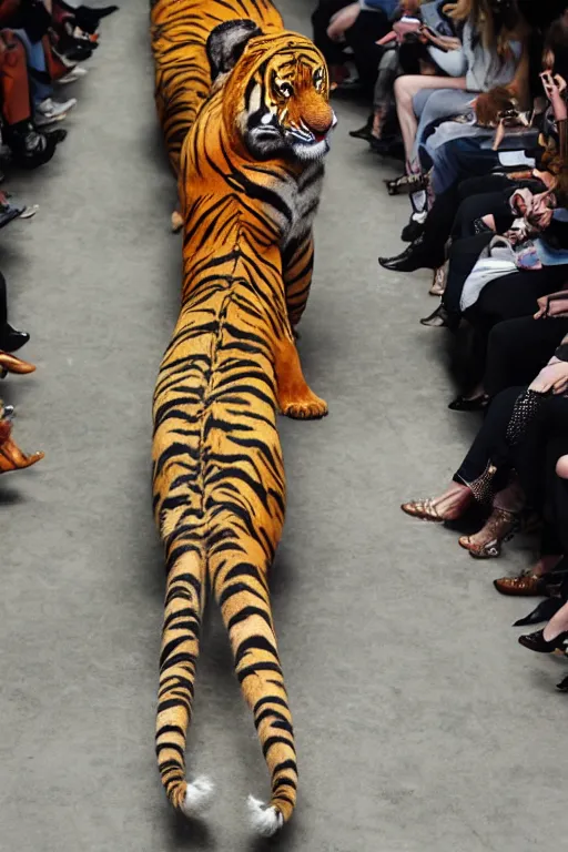 Image similar to Anthropomorphic Tiger on the catwalk, Fullbody