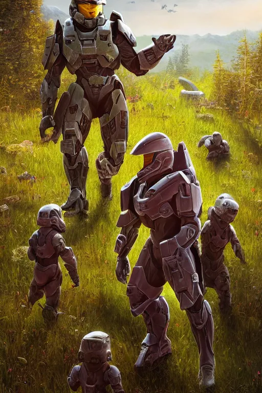 Image similar to easter egg hunt with master chief from halo and kids, picking up easter eggs, egg in hand, oil on canvas, intricate, portrait, 8 k highly professionally detailed, hdr, cgsociety