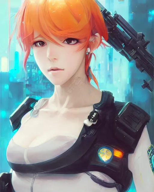 Image similar to nami, anime key visual of a young female swat officer, neon, cyberpunk, futuristic, white top, black vest, stunning, highly detailed, digital painting, smooth, soft focus, illustration, 4 k digital art from artstation by artgerm and greg rutkowski and alphonse mucha