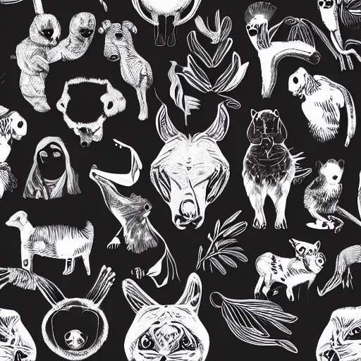 Image similar to animals and plants on a black background, wallpaper, Illustration, Anatomical Drawing, Painting