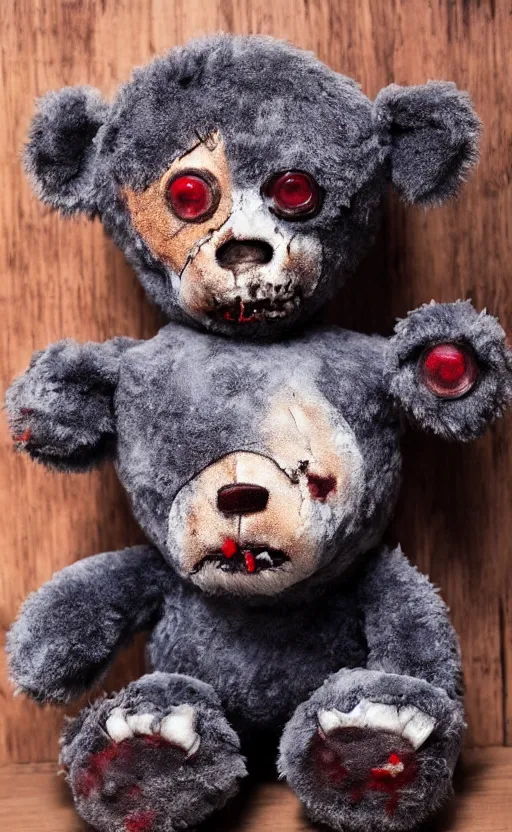 Image similar to plush zombie teddy bear, portrait photo, realistic, ultra wide lens, 2 k, ultra hd, uhd, 4 k, blu - ray, 8 k