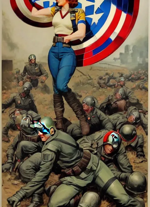 Image similar to beautiful female captain america standing on a pile of defeated german soldiers. feminist captain america wins wwii. american wwii propaganda poster by james gurney. gorgeous face. tactical gear. overwatch