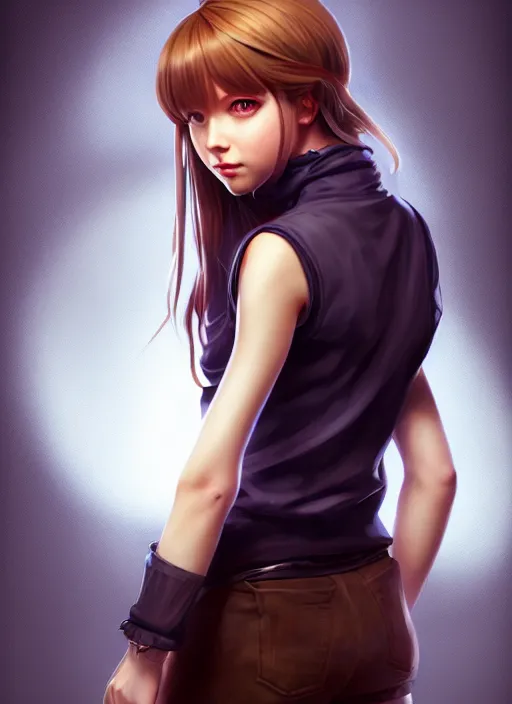 Image similar to portrait of a full body of beautiful young female detective, d & d, sleeveless turtleneck, fantasy, flat lighting, intricate, highly detailed, digital painting, artstation, concept art, smooth, sharp focus, illustration, misa amane, art by simon bisley and greg rutkowski and alphonse mucha, natural tpose