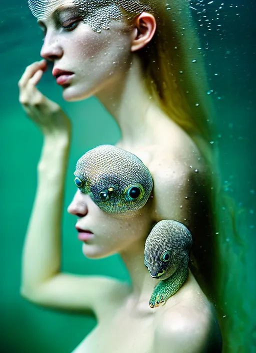 Image similar to kodak portra 4 0 0 photo portrait of a beautiful sirens floating in a crystal tank in style of tim walker, amphibian skin dress intricate detailed scales, 5 0 mm lens, f 2. 4, elegant, highly detailed, sharp focus, ethereal, out worldly colours, emotionally evoking, head in focus, soft blur light dreamy underwater, volumetric lighting, epic fantasy