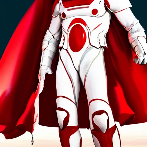 Image similar to portrait of a tall muscular infantry man in glossy sleek white armor with small red details and a long red cape, heroic posture, determined expression, on the surface of mars, night time, dramatic lighting, cinematic, sci-fi, hyperrealistic, movie still