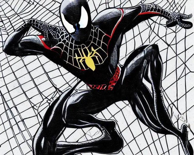 Image similar to photorealistic sketch of black spider - man with gold webbing by steve ditko